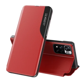 Hurtel Eco Leather View Case atverams vāciņš Poco M4 Pro 5G, sarkans