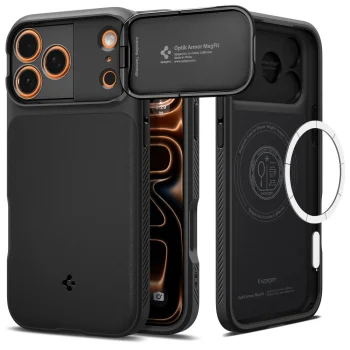 Spigen Optik Armor MagSafe vāciņš iPhone 17 Pro ar kameras aizsegu, melns