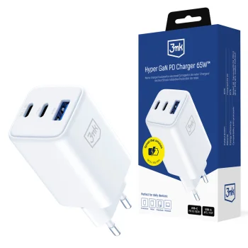3mk Hyper GaN lādētājs 65W USB-C un USB-A, balts