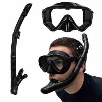 Snorkelēšanas maskas un caurules komplekts ar panorāmas stiklu, melns