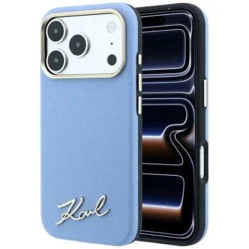 Karl Lagerfeld Saffiano Small Script MagSafe vāciņš iPhone 17/18 Pro Max, gaiši zils