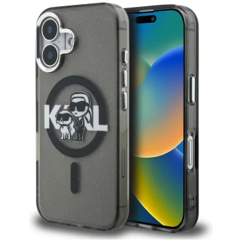 Karl Lagerfeld vāciņš iPhone 16 IML Glitter Karl & Choupette MagSafe, melns