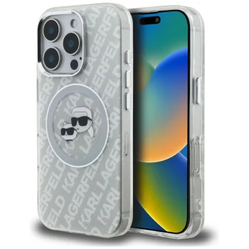 Karl Lagerfeld IML Glitter Karl & Choupette MagSafe vāciņš iPhone 16 Pro Max, Pelēks