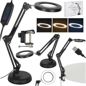 LED galda lampa ar lupu, regulējamu stiprinājumu un USB barošanu, melna