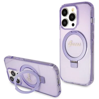 Guess Ring Stand Script Glitter MagSafe vāciņš priekš iPhone 14 Pro Max, violets