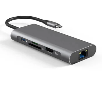 USB-C adapteris – 2x USB 3.0, USB 2.0, Type-C PD 100W, HDMI 4K, SD/TF, RJ45, pelēks