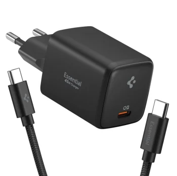 Sienas lādētājs Spigen EE451EU Essential USB-C GaN Pro 45W ar kabeli, melns