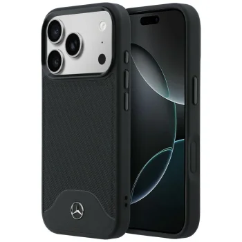 Mercedes Leather Wood Effect Curve MagSafe vāciņš iPhone 17 Pro Max, melns