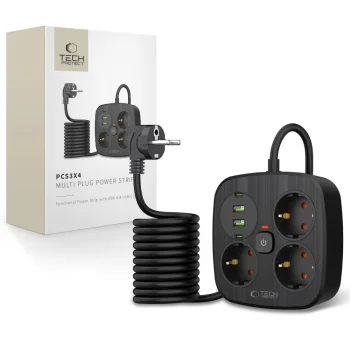 Tech-Protect PCS3X4 pagarinātājs ar 3 ligzdām, 2x USB-A un 2x USB-C 200 cm, melns