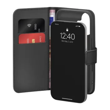 Atverams vāciņš Puro Wallet Stand iPhone 17 ar statīva funkciju, melns
