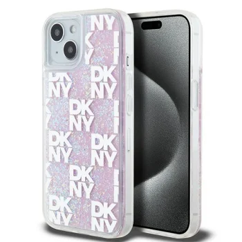DKNY iPhone 15 / 14 / 13 vāciņš Liquid Glitter Multilogo, rozā