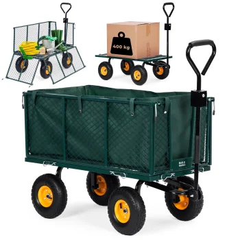 Dārza transporta ratiņi 400 kg ar atveramām malām, lielie pumpējamie riteņi, MultiGarden, zaļi
