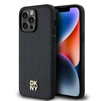 DKNY iPhone 14 Pro Max vāciņš Leather Monogram Pattern Metal Logo MagSafe, melns