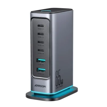 Joyroom JR-TCM02 GaN 65W uzlādes stacija lādētājs 4x USB-C 2x USB-A ar UK spraudni, pelēka