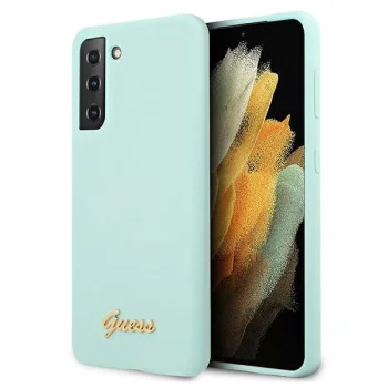 Guess Samsung Galaxy S21+ vāciņš Silicone Script Metal Logo, zils