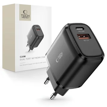 Tech-Protect C20W tīkla lādētājs USB-C PD 20W / USB-A QC 3.0, melns