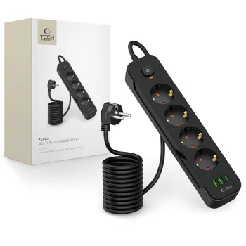 Tech-Protect PCL4X3 pagarinātājs 4 rozetes + 2xUSB-A + 1xUSB-C 200 cm, melns