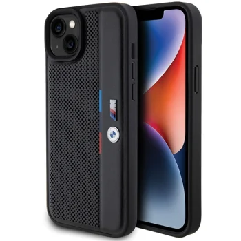 BMW Perforated Tricolor Line vāciņš iPhone 15 Plus / 14 Plus, melns