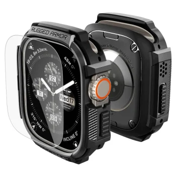 Spigen Rugged Armor vāciņš un 9H aizsargstikls Apple Watch Ultra (49 mm), Matte Black