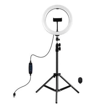 LED gredzenveida lampa 26cm ar statīvu līdz 1.1m un telefona turētāju, USB