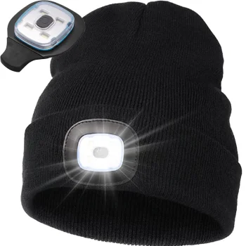 Ziemas/rudens cepure ar iebūvētu LED lukturīti, USB uzlāde, 3 režīmi, melna