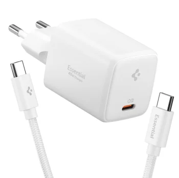 Sienas lādētājs Spigen EE451EU Essential GaN Pro USB-C 45W ar kabeli, balts