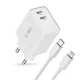 Tech-Protect C35W tīkla lādētājs 2x USB-C PD 35W un USB-C - Lightning kabelis, balts