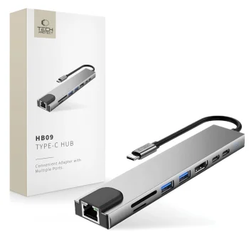 Tech-Protect HB09 8-in-1 USB-C centrmezgls (HDMI, PD 100W, RJ45) - Pelēks