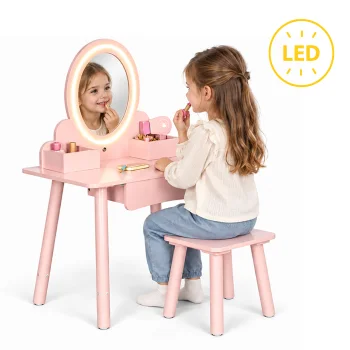 Bērnu koka tualetes galdiņš ar LED spoguli un ķeblīti ECOTOYS, rozā