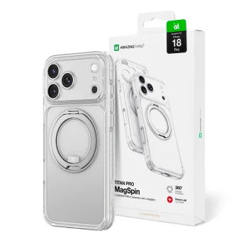 AmazingThing Titan Pro Spin Lens vāciņš iPhone 18 Pro ar gredzenu un MagSafe, caurspīdīgs