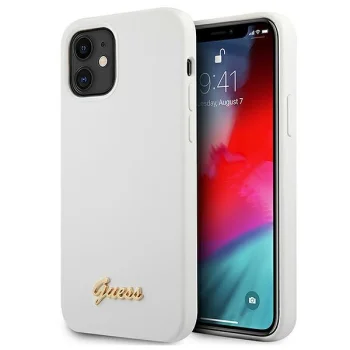 Guess iPhone 12 mini vāciņš Silicone Vintage Gold Logo, balts