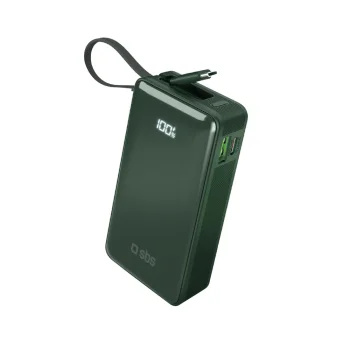 Ārējais akumulators SBS 10000 mAh 20W ar iebūvētu USB-C vadu un LCD displeju, zaļš