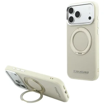 Karl Lagerfeld Ring Stand 360 Saffiano Classic Logo MagSafe vāciņš iPhone 18 Pro Max / 17 Pro Max, bēšs