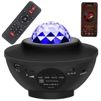 LED RGB zvaigžņu projektors un nakts lampa ar Bluetooth skaļruni un pulti, melns