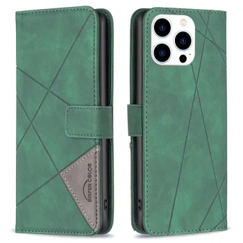 Apple iPhone 14 Pro 6.1'' Geometric Texture Wallet Stand Leather Phone Book Case Cover, Green | Telefona Vāciņš...