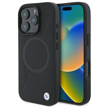 BMW Sign Leather Half Textured And Circle MagSafe vāciņš priekš iPhone 16 Pro Max 6.9", melns