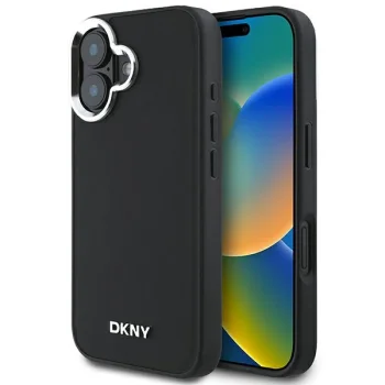 DKNY iPhone 16 vāciņš Plain Silver Logo MagSafe, melns