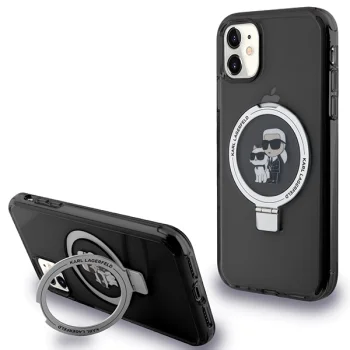 Karl Lagerfeld iPhone 11 / XR vāciņš Ring Stand Karl & Choupette MagSafe, melns