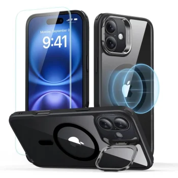 ESR Classic Hybrid Kickstand MagSafe vāciņš un aizsargstikls priekš iPhone 16, melns