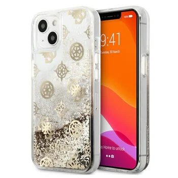Guess iPhone 13 mini vāciņš Peony Liquid Glitter, zelta