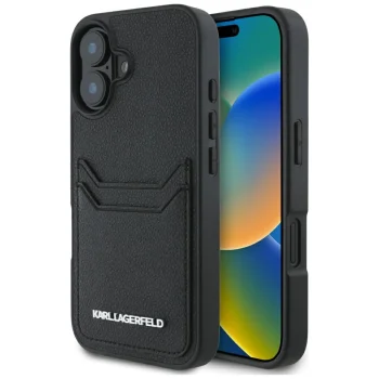 Karl Lagerfeld vāciņš iPhone 16 HC Grained PU Cardslot Metal Elong, melns