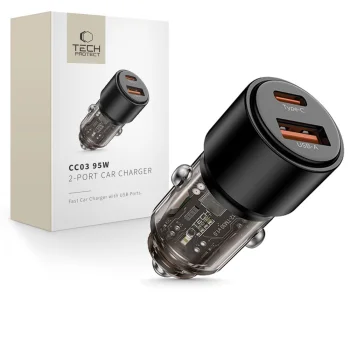 Tech-Protect CC03 auto lādētājs 95W 2-Port USB-A un USB-C, melns
