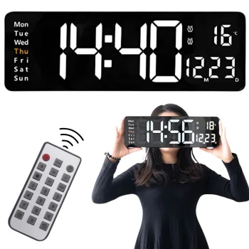 Liels digitālais LED sienas pulkstenis ar termometru un modinātāju, melns