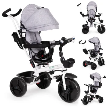 Ecotoys JM-322 bērnu trīsritenis ar 360° grozāmu sēdekli un jumtiņu, pelēks