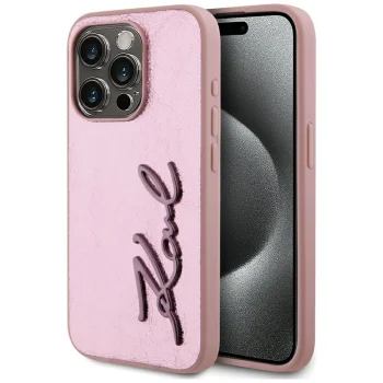Karl Lagerfeld Wrinkled Metal Signature vāciņš iPhone 15 Pro Max, rozā