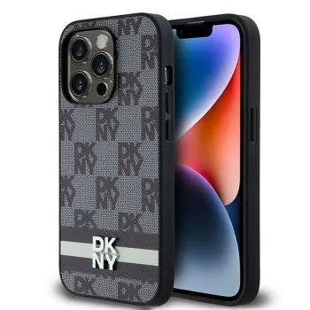 DKNY iPhone 14 Pro vāciņš Leather Checkered Mono Pattern, melns