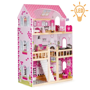 Ecotoys koka leļļu māja ar LED apgaismojumu un mēbelēm