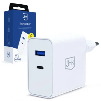 3Mk Protection FlowPower 45W sienas lādētājs, USB-A / USB-C, Balts