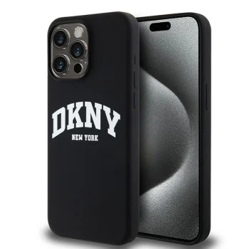 DKNY iPhone 15 Pro Max vāciņš Liquid Silicone White Printed Logo MagSafe, melns