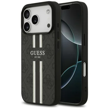 Guess 4G Printed Stripes MagSafe vāciņš iPhone 17 Pro, melns